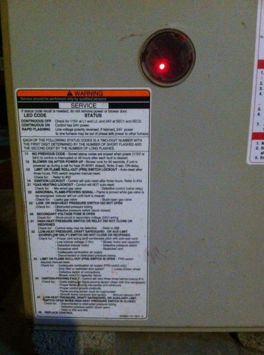 Image of furnace front service panel flashing LED light indicator